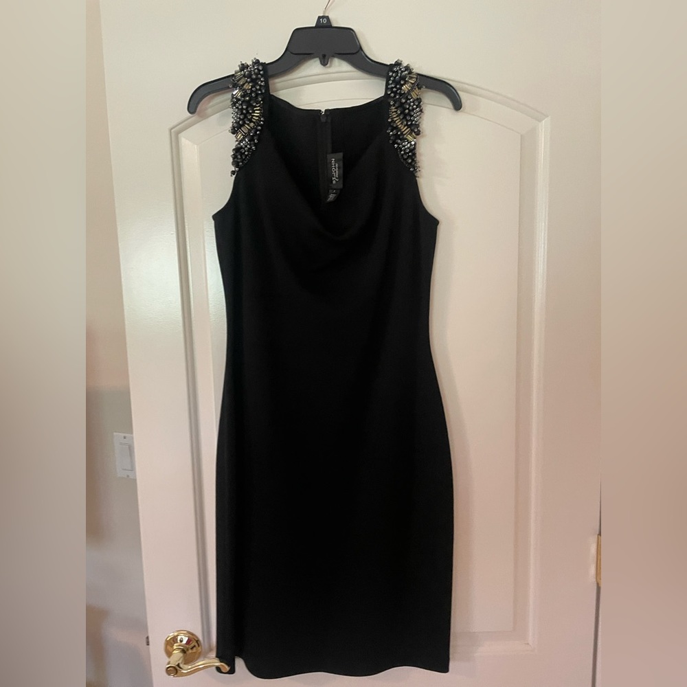 St. John Black Beaded Shoulder Sheath Dress